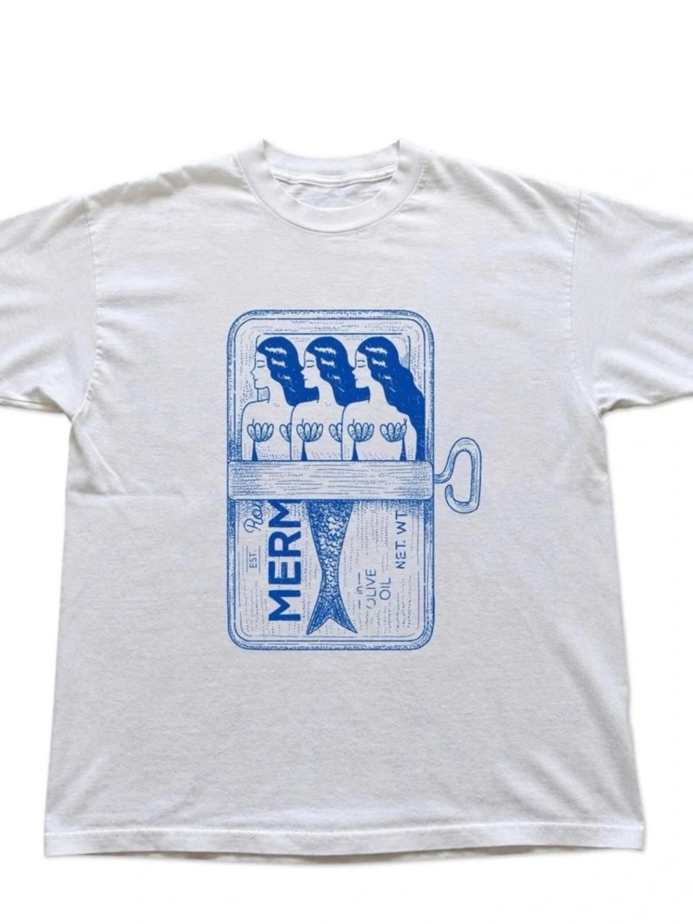 Gildan White Tee with Blue Sardine Can Mermaid Graphic